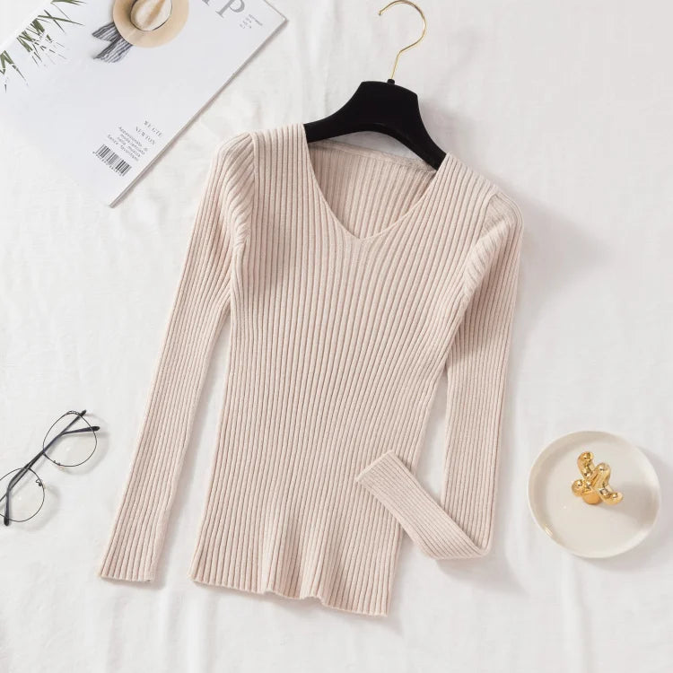 Outono Inverno Mulheres Suéteres Casuais Manga Longa Tricô Gola V Pulôver Suéter Feminino Básico Sólido Jersey Tops Roupas da Moda
