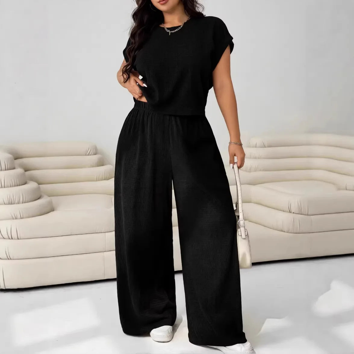 Women's Textured 2-Piece Loungewear Set Short Sleeve Top Wide Leg Pants