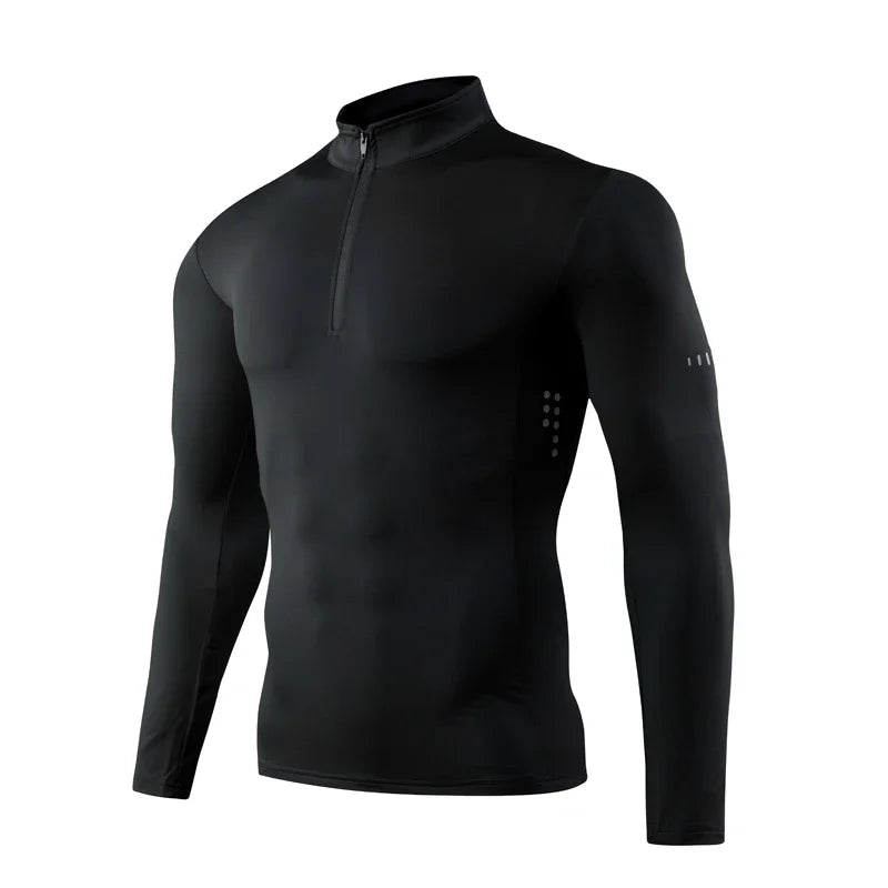 Camisa Masculina Manga Longa Compressão para Corrida Secagem Rápida Academia Fitness Ciclismo Zíper Rashguard