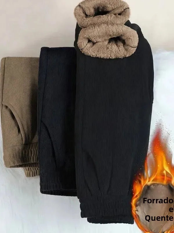 Calça Feminina Extra Grossa de Algodão Quente Forrada em Fleece, Cintura Alta, Calça de Inverno Grossa para Mulheres, Tamanhos Grandes, Calça Longa com Elástico na Cintura