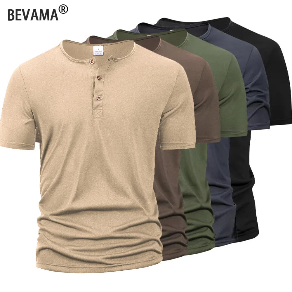 Camiseta Masculina Henley Gola Botão Slim Casual Manga Curta Cor Sólida Esportiva Polos