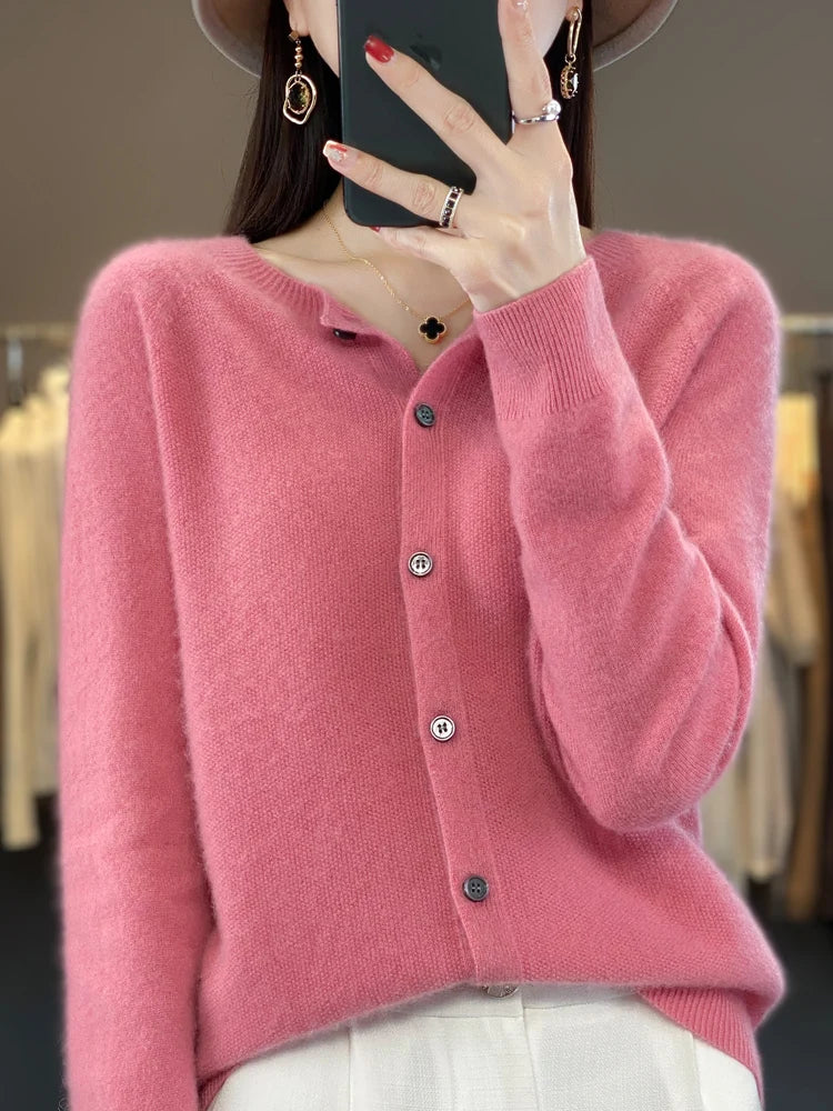 2024 Novo Cardigan Básico Chique Feminino Gola Redonda Suéter de Lã Merino Macio Roupa de Malha Elegante Casaco Primavera Outono Roupas Femininas Tops - Vermelho Shumei XXL