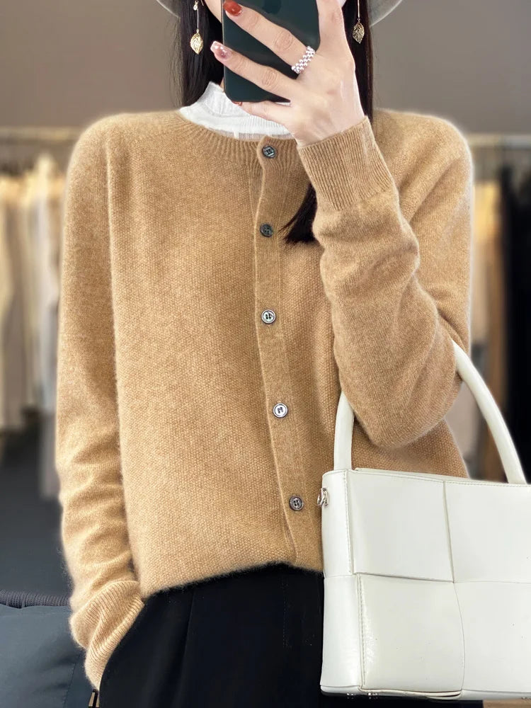 Long Sleeve 100 Merino Wool Sweaters Spring Autumn Women O Neck Knitwear Tops Clothing Fashion Basic Tops - SKY BLUE M