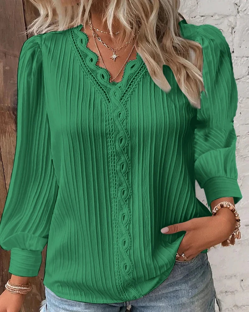 Elegant Summer Hollow Lace Patchwork Women Shirt Chic Blouse V Neck Long Sleeve Shirt Plain Lace Casual Basic Regular Tops - Gold S