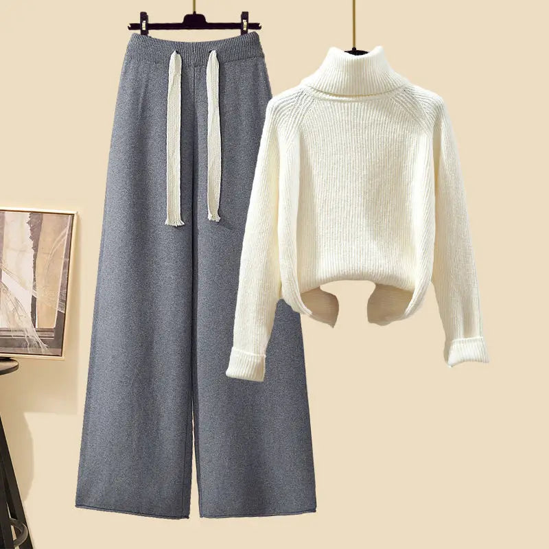 Conjunto Feminino de Tricô Moda Três Peças Outono Novo Estilo Preguiçoso Cardigã Aberto Calças Wide Leg Slim