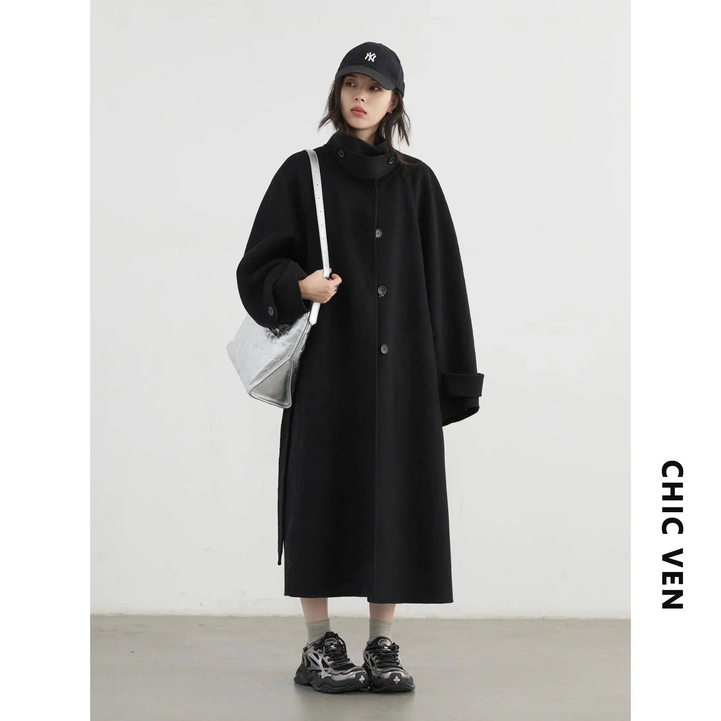 CHIC VEN Casaco Feminino Coreano de Lã Botão Único Gola Alta Solta com Cinto Longo Dupla Face Sobretudo Feminino Outono Inverno 2024