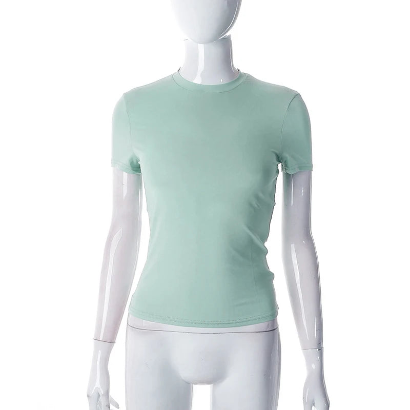 2023 Primavera Nova Camiseta Manga Curta Feminina Cor Sólida Simples Casual Macia Versátil Quente Básica Cropped Top Camisetas Moda Verão - Bordô G