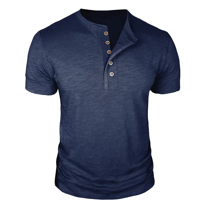 Camisetas masculinas de verão europeias e americanas, camisa Henley de algodão masculina de manga curta, camiseta masculina casual de gola redonda