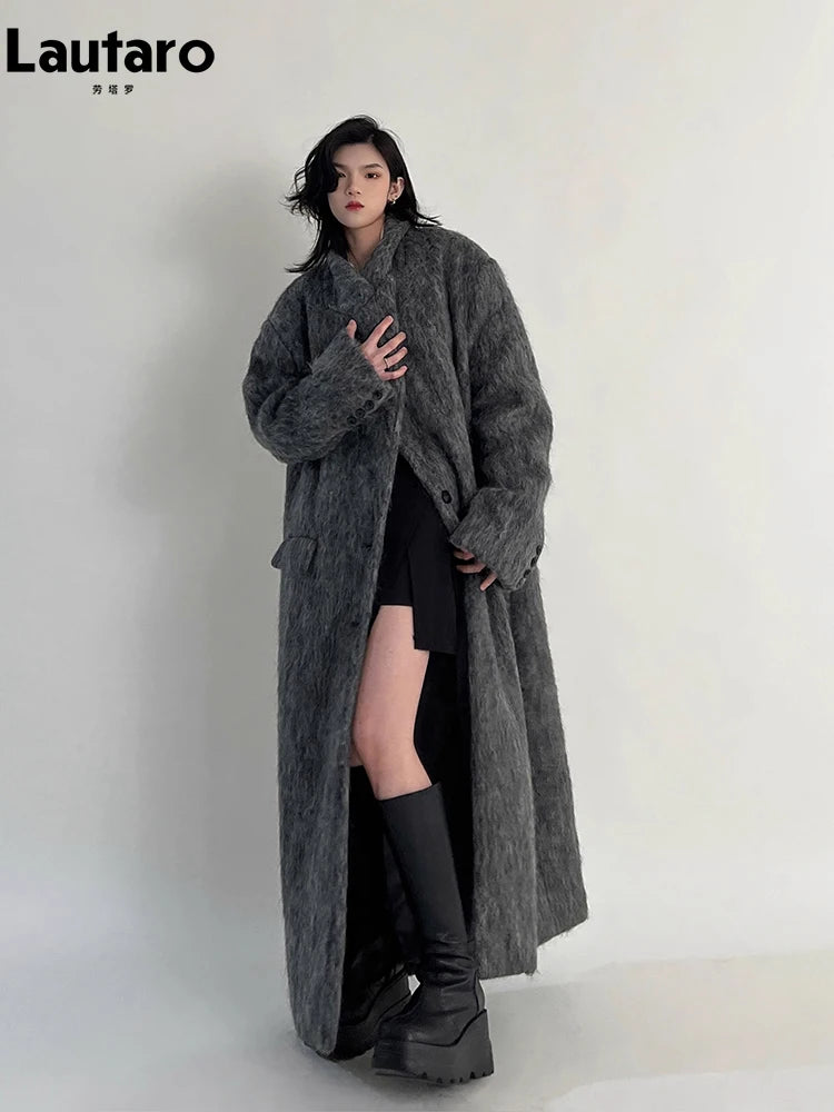 Lautaro Outono Inverno Roupas Femininas Casuais Oversized Extra Longo Cinza Quente Lã e Misturas Casaco Feminino Maxi Felpudo de Lã
