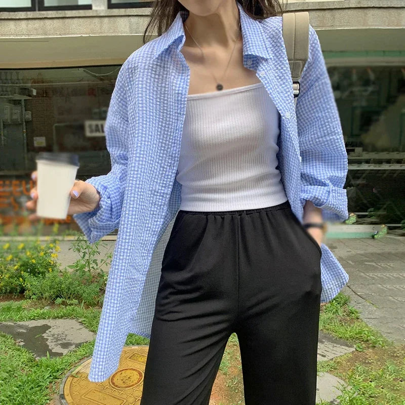 Camisa Feminina Coreana Protetor Solar Manga Longa Verão Feminina Solta Casual Xadrez Gola Virada Abotoamento Simples