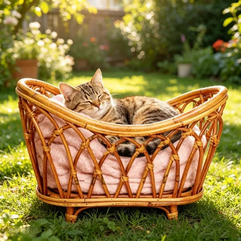 Breathable Natural Rattan Cat Bed Basket Handwoven Cat Photography Prop Wicker Pet Bed for Indoor Cats Photo Shoot Decoration