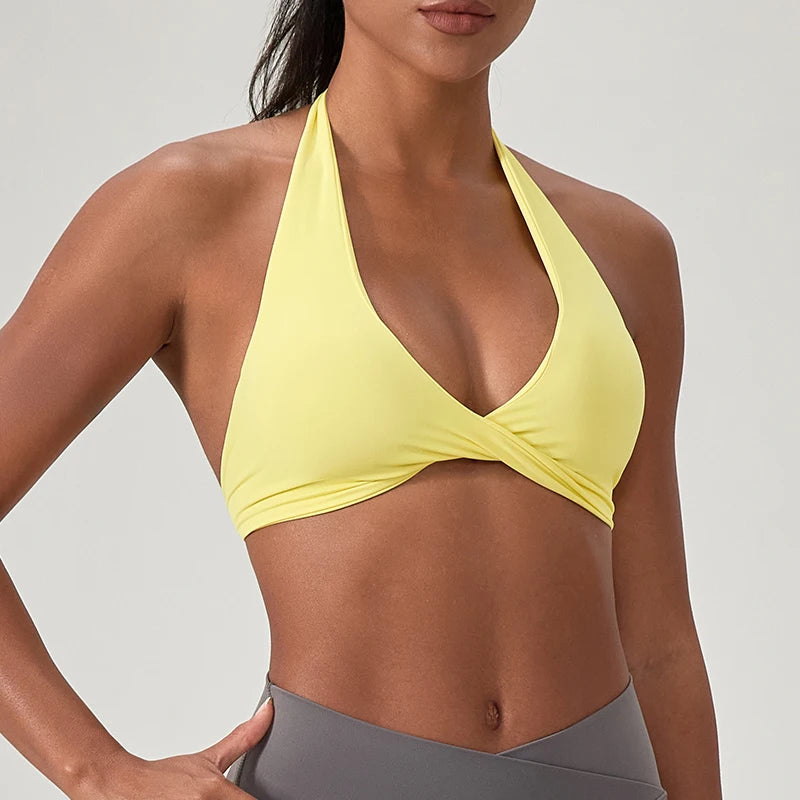 Sutiã Esportivo de Yoga para Mulheres, Gola Halter com Design Elegante nas Costas, Sutiã Sexy para Academia, Corrida, Fitness