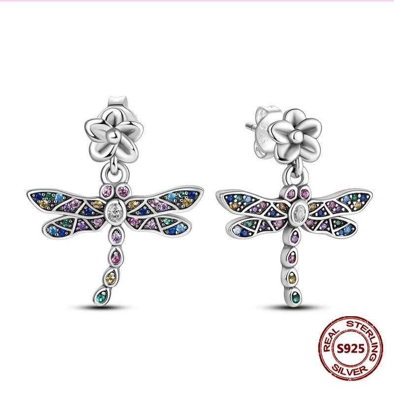 Lucky Clover Earrings 925 Silver Original Zircon Butterfly Dragonfly Chameleons Bee Flower Earrings For Women Jewelry Gift