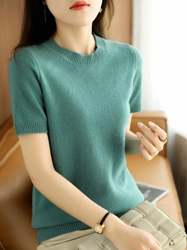 Summer New Loose Short Sleeve Knitted Woolen T Shirt Womens Thin Cotton V Neck Half Sleeve Top Outerwear Commute Style 1 - Xl Pink