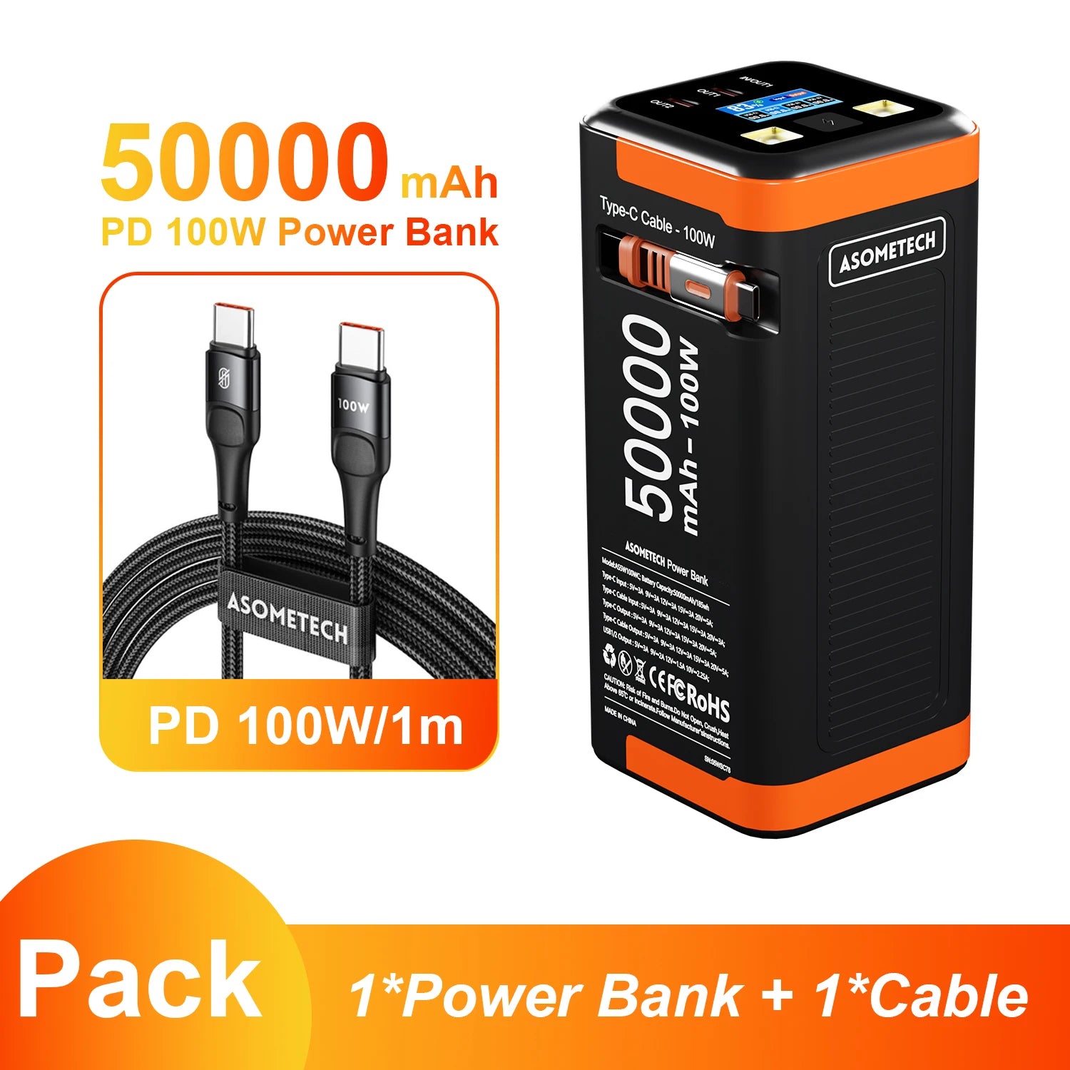 Power Bank 50000mAh 100W Super Fast Charging Portable Retractable Cable