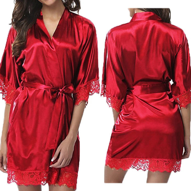 Robe Curto Feminino Elegante Liso com Acabamento em Renda e Cinto de Amarrar Loungewear Pijama Camisola Preto Vermelho.