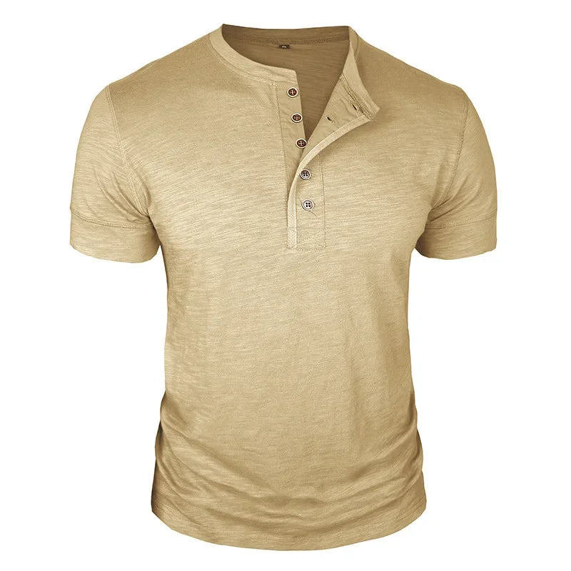 Camisetas masculinas de verão europeias e americanas, camisa Henley de algodão masculina de manga curta, camiseta masculina casual de gola redonda