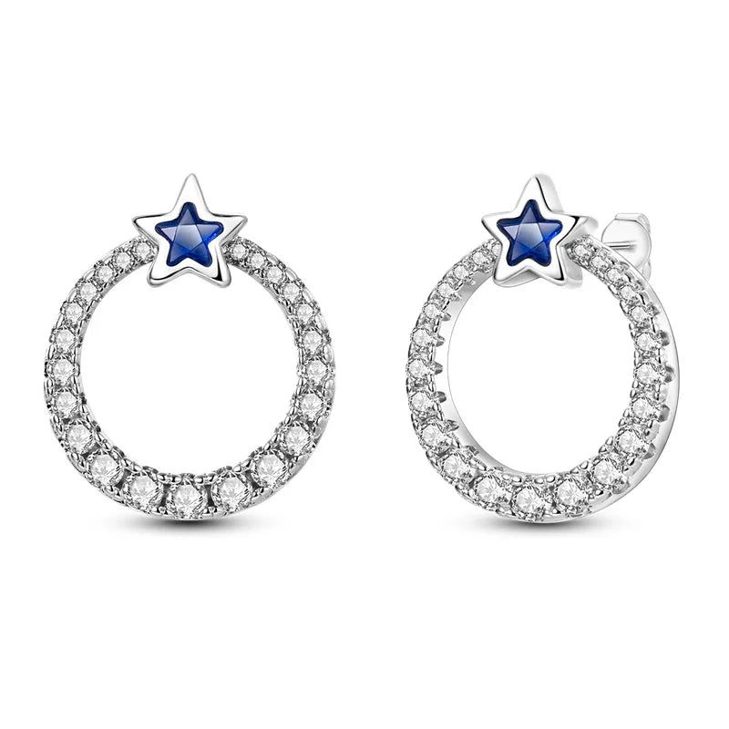 925 Sterling Silver Moon Universe Starry Sky Series Charm Earrings Women Blue Shiny Zircon Daily Wear Jewelry