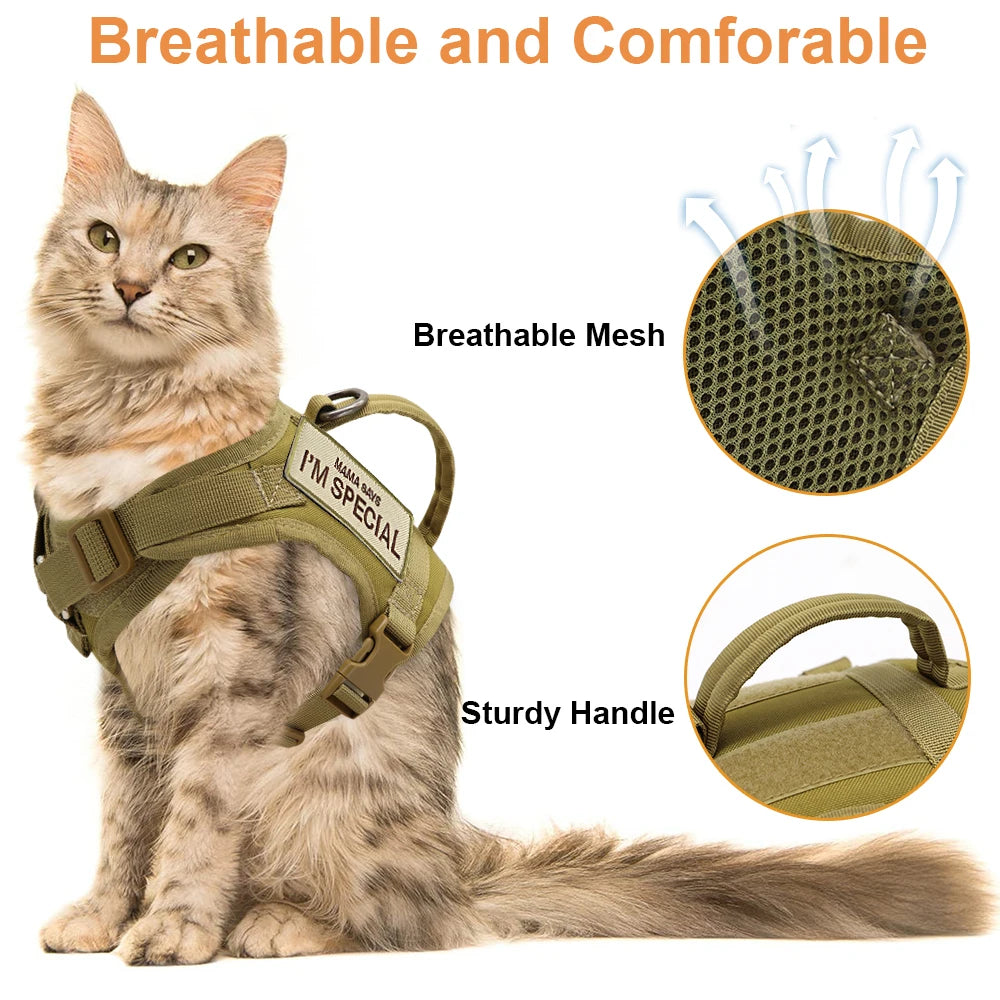 Colete de Arnês para Gatos de Nylon com 2 Adesivos Arnês Tático Militar para Gatos com Alça Cães Pequenos de Estimação Treinamento Caminhada Chihuahua