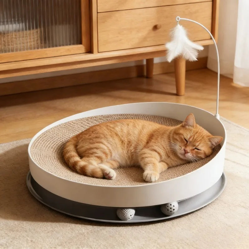 Cama Arranhador Redonda 3 em 1 para Gatos Brinquedo para Afiar Unhas sem Resíduos Resistente ao Desgaste Ninho de Verão Almofada Durável para Arranhar Interativo para Gatinhos