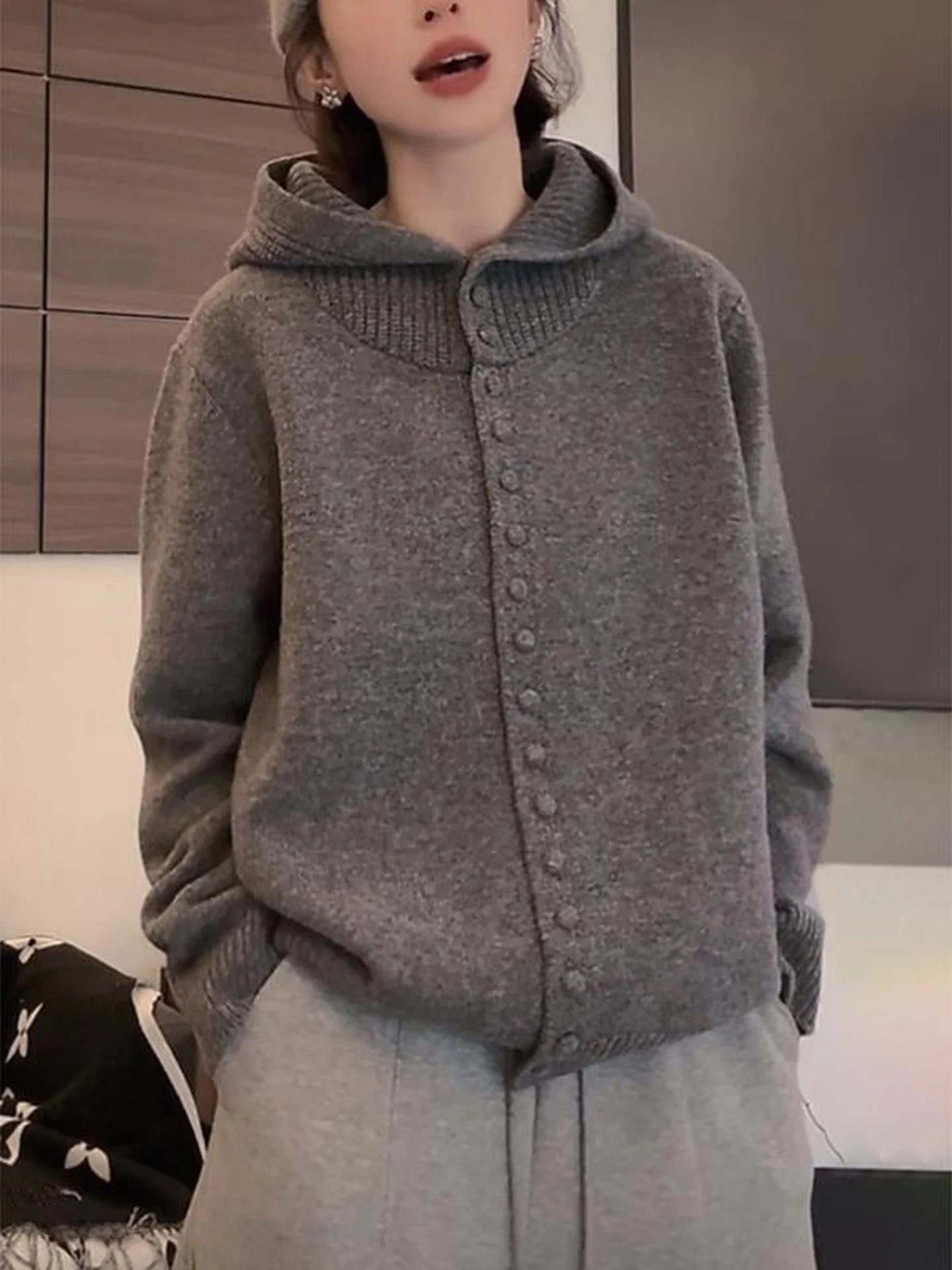 Suéter de malha com capuz cinza feminino solto quente outono inverno casaco estilo cardigã moda confortável respirável Top 1 - L veste 50-57,5kg Rosa de alta qualidade