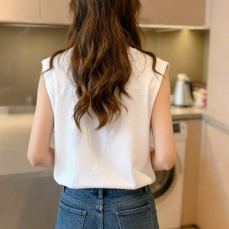 Woman Loose Sleeveless Tank Top Summer Casual Vest Basic Daily T Shirt Sweet Style Suitable For Students Stretchy Soft Lady Wear - black M