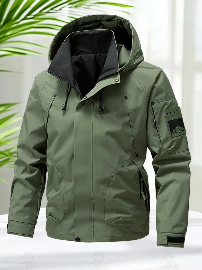 Jaqueta Impermeável Masculina Outdoor Softshell com Zíper e Capuz Corta-Vento para Caminhada e Acampamento Leve Primavera Outono