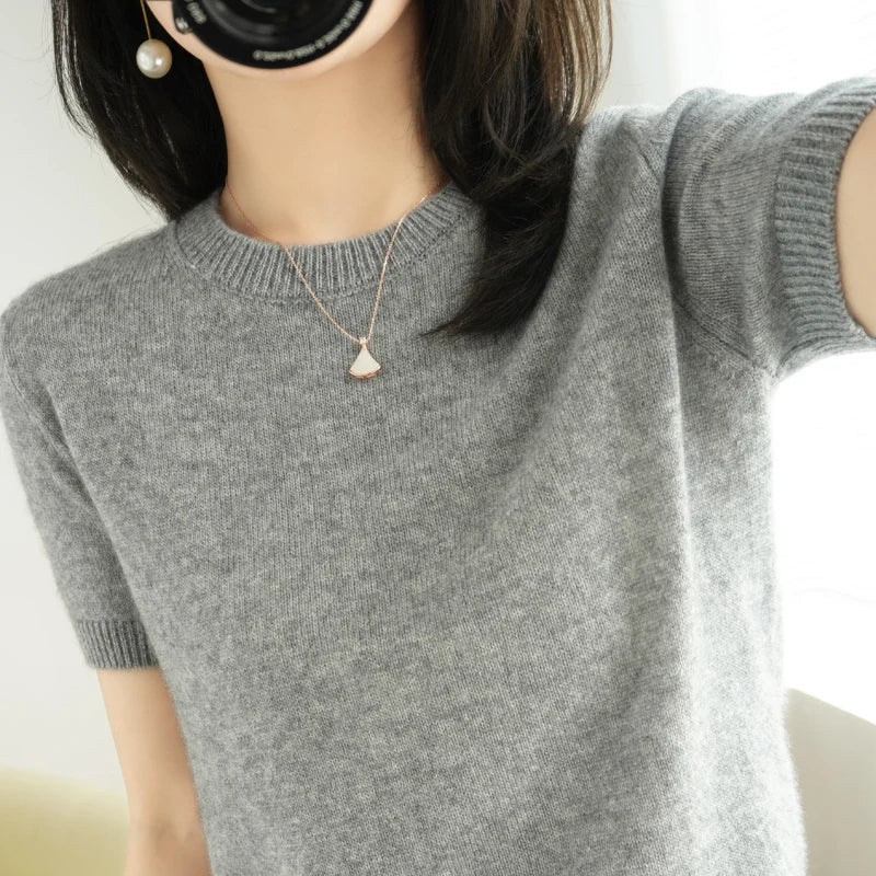 Summer New Loose Short Sleeve Knitted Woolen T-Shirt Women's Thin Cotton V-Neck Half Sleeve Top Outerwear Commute Style