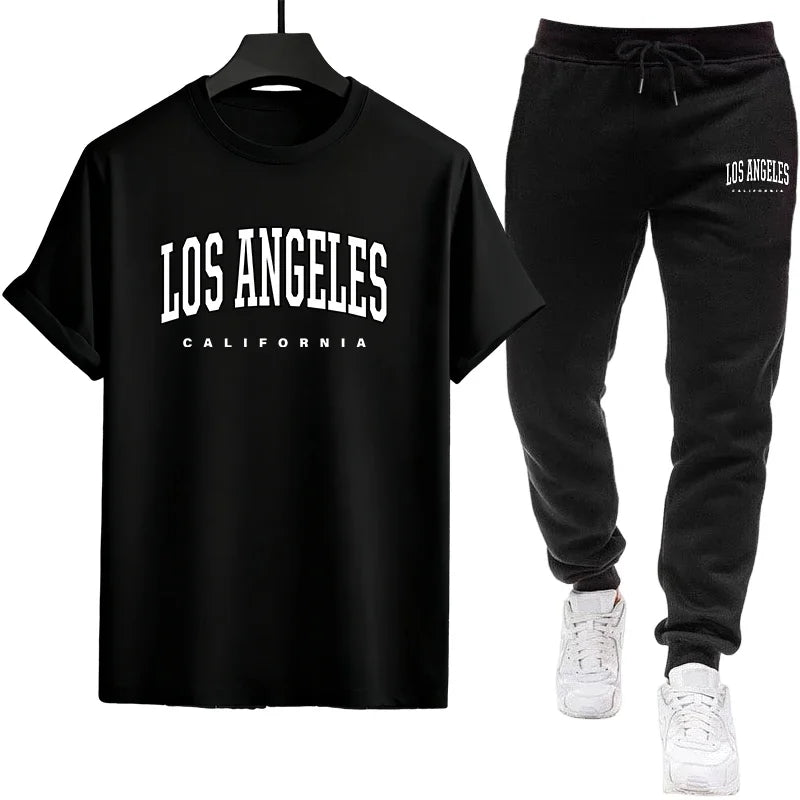 Conjunto Masculino de Loungewear 2026 Camiseta de Algodão Macio e Calça Jogger de Caimento Solto Roupa Confortável para Casa Primavera Verão Camisetas Casuais + Calças