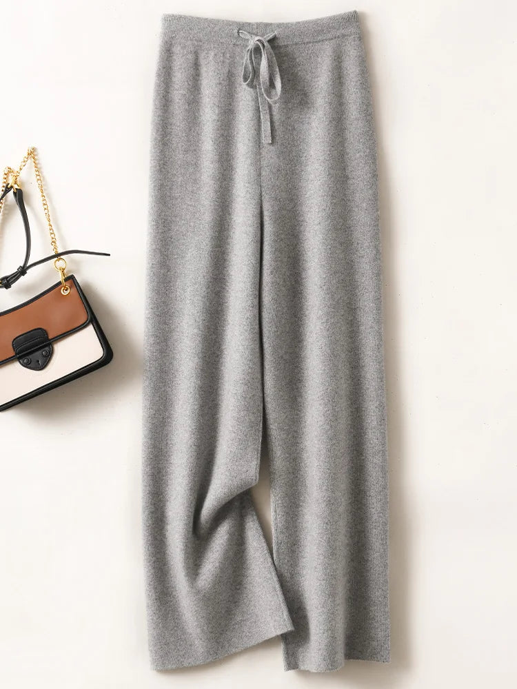 Calças Femininas Outono Inverno Básicas Macias Casuais com Faixas Calças de Malha de Lã Merino 100% Coreanas Populares - Gaoya Camel M