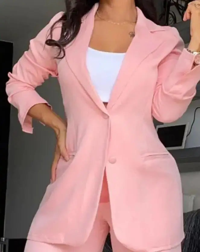 Conjunto de Duas Peças Feminino Outono 2024 Nova Moda Casual Sólido Diário Deslocamento Gola Entalhada Blazer Casaco Calças com Bolso Conjunto 1 - A S