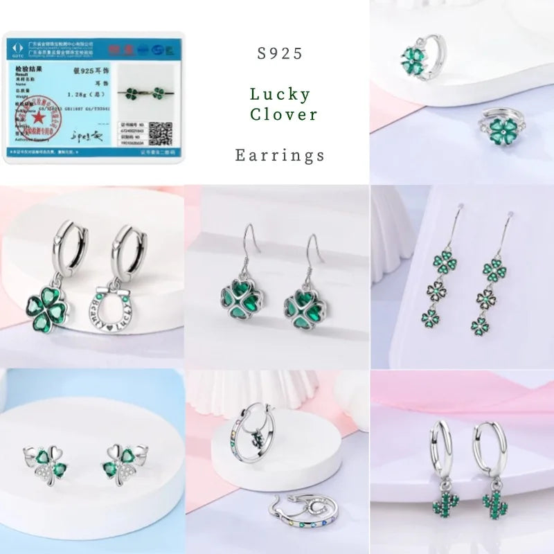 Brincos Trevo de Quatro Folhas Prata 925 Zircônia Original Borboleta Libélula Camaleão Abelha Flor Brincos Femininos Joia de Presente