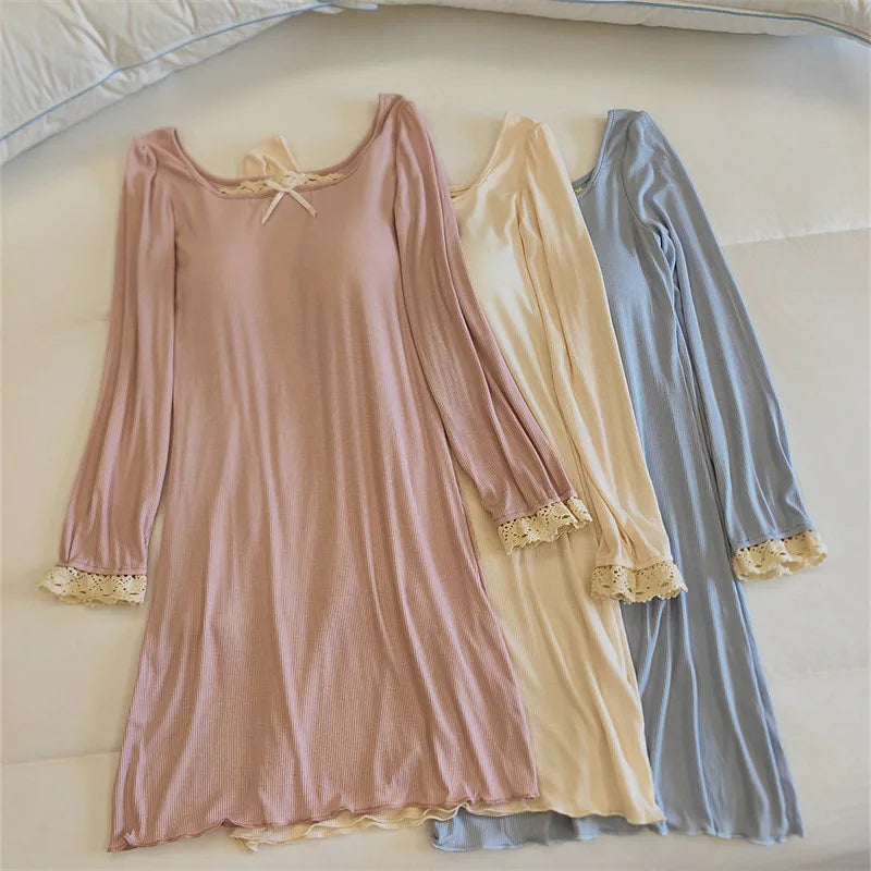 Pijama Feminino Vestido para Descansar com Bojo Camisola Manga Longa Outono Inverno Roupa de Dormir Modal Macio Camisola Feminina