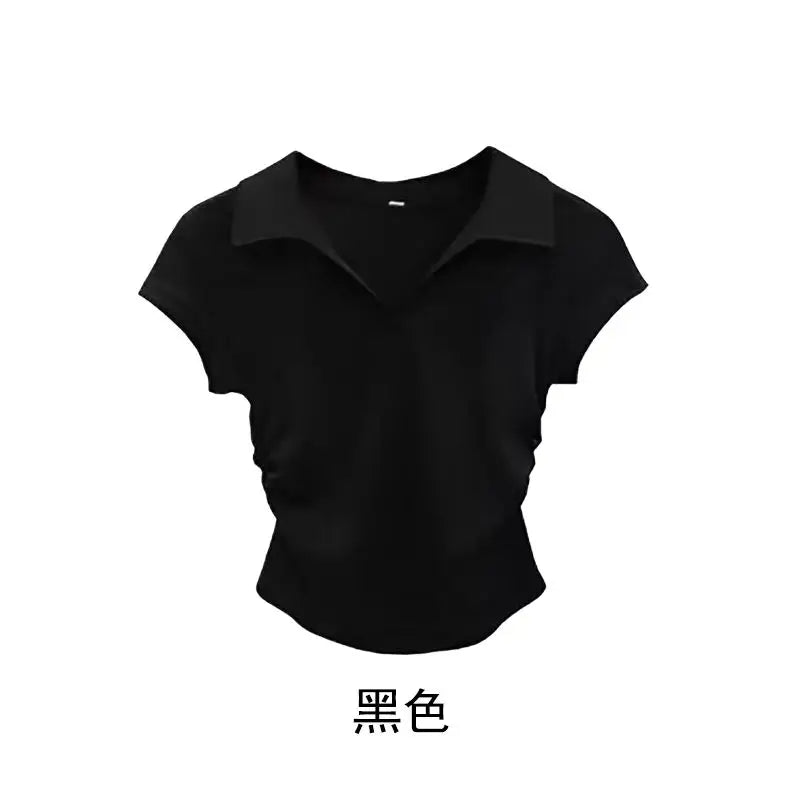 Cotton Summer Sexy Womens T Shirt Skinny Slim Basic Solid Crop Top Short Sleeve Polo Tshirtcasual Top Tee For Women - White L
