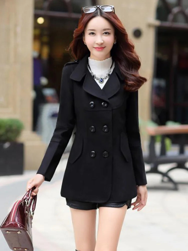 Novo Casaco de Lã Feminino Outono Inverno Casaco Feminino Slim Abotoamento Duplo Médio Longo Mistura de Lã Quente Sobretudo Feminino Inverno Casaco Jaqueta