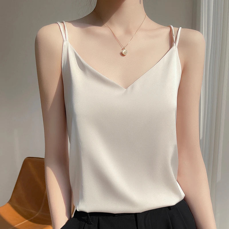 2026 Alça Fina Regata Feminina Frente Única Gola V Básico Branco Camisa Sem Mangas Cetim Seda Blusas Femininas Verão Camisola Cropped Top - preto P