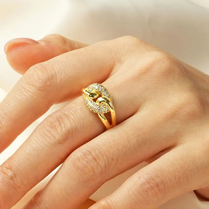 Rrjzz AAAAA CZ Diamante Simulado Anel Único Luxo Banhado a Ouro 14k Torcido Design para Mulheres Homens Joias Finas Presentes