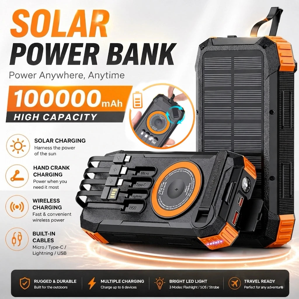 Solar Power Bank 100000mAh Wireless Fast Charging Portable Built-in Cables