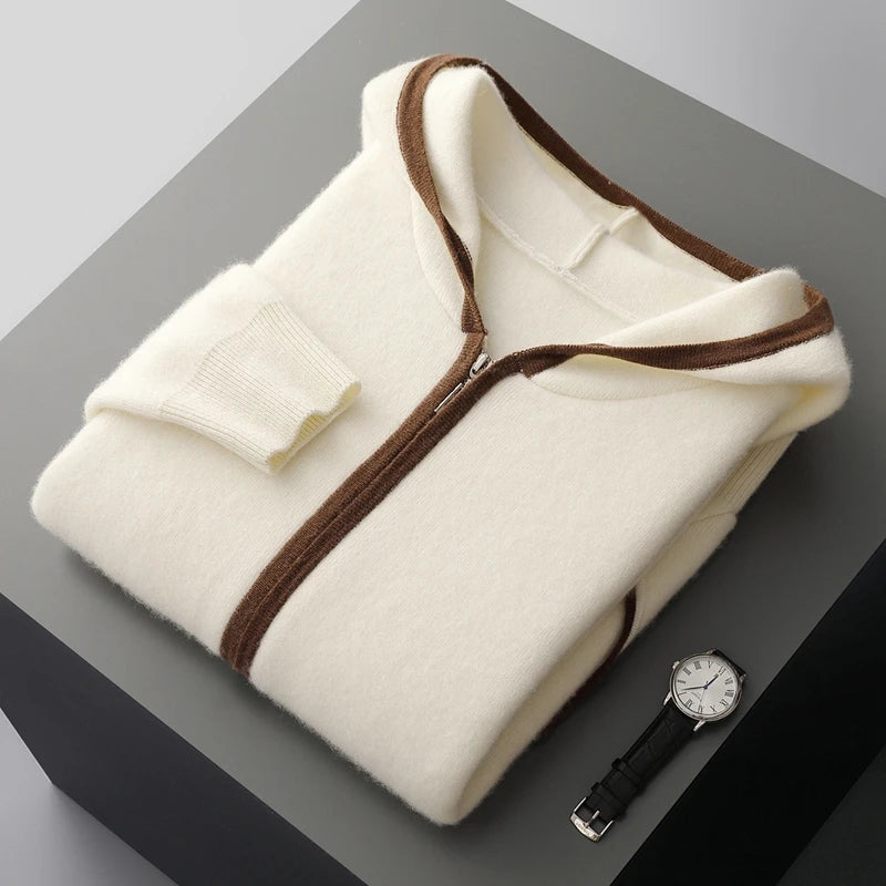 Outono Inverno Novo Suéter de Caxemira 100% Blusão Masculino Cardigã com Zíper e Capuz em Camada de Ar Engrossado Bloco de Cores Suéter de Tricô Jaqueta
