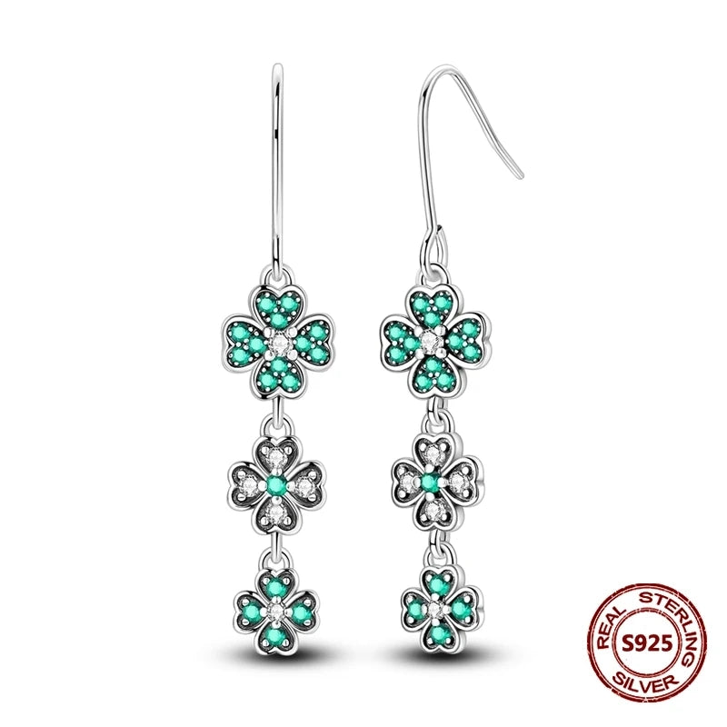 Lucky Clover Earrings 925 Silver Original Zircon Butterfly Dragonfly Chameleons Bee Flower Earrings For Women Jewelry Gift