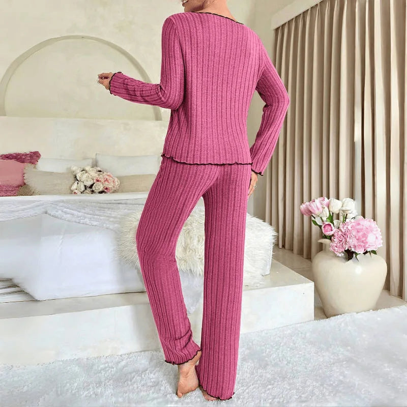 2026 Novo Conjunto de Loungewear Feminino Canelado com Acabamento Borda Preta Casual para Casa Roupa Confortável e Macia de Duas Peças Estilo Europeu Americano