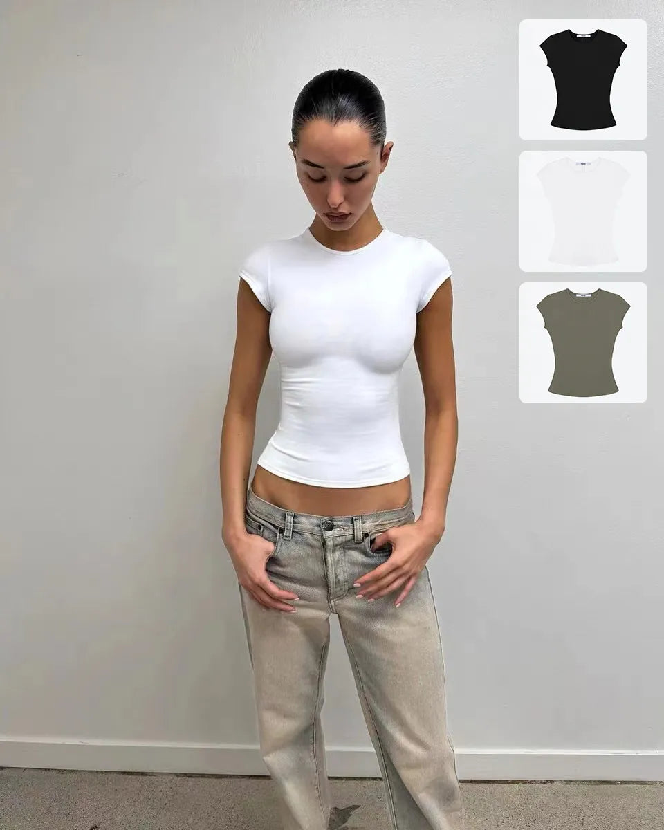 Tank Basic Slim Fit Round Neck T Shirt High Elastic Slim Fit Slimming Hot Girl Style Short Top Versatile Hot Girl Style Everyday Outerwear Top High Elastic Slim Fit T Shirt - green M