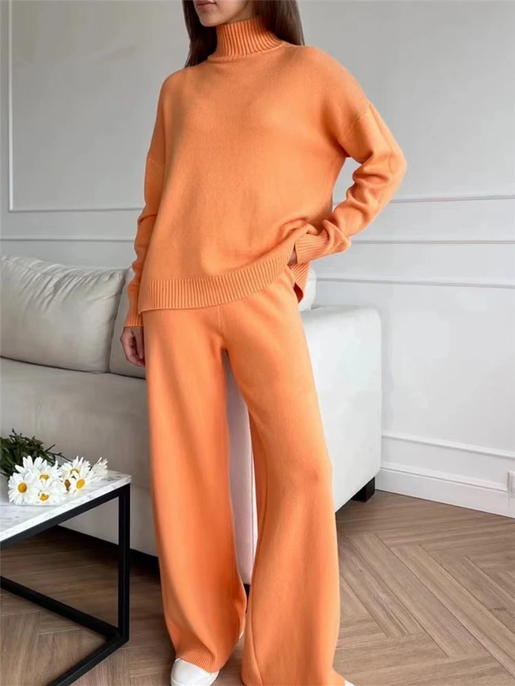 Conjuntos Femininos de Inverno Outono 2 Peças Agasalho de Malha Gola Rolê e Calça Jogger Reta