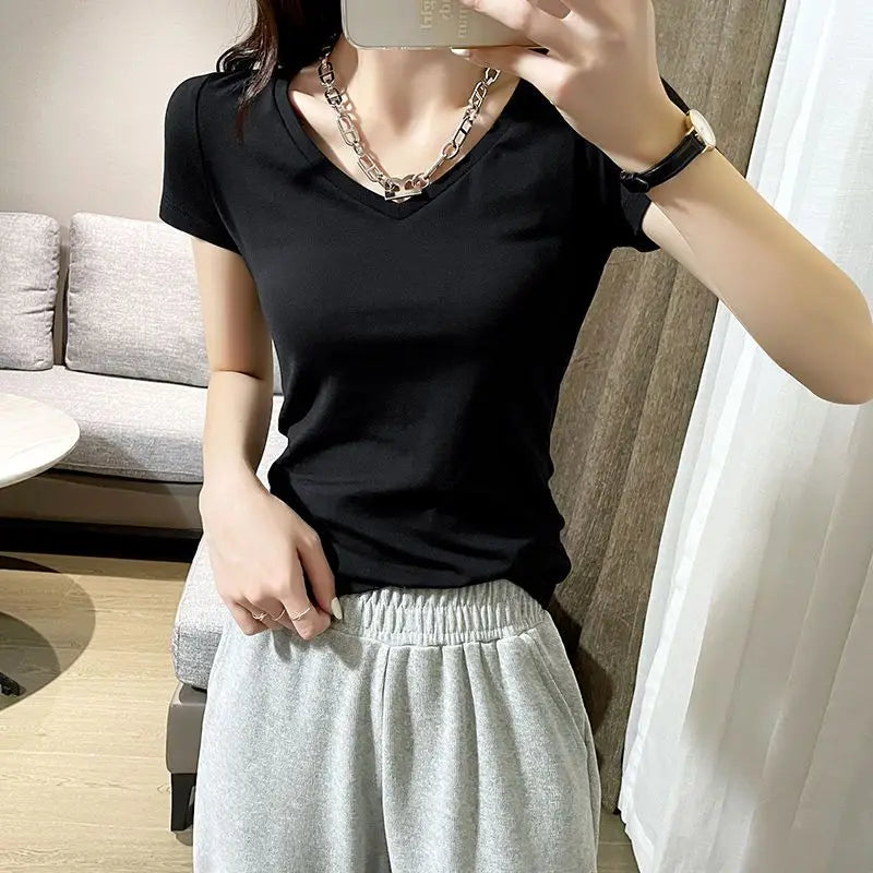 Summer Womens Slim Fit Short Sleeve T Shirt Half Sleeve Base Shirt Versatile Base Layer Top Quality Polyester Fiber Commute - M V white + v white [2-pack]