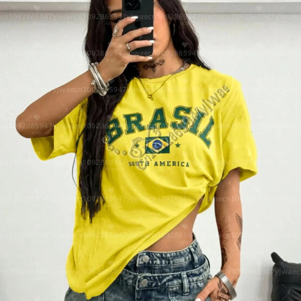 Camiseta Feminina Manga Curta Estampa Brasileira Sul Americana Menina Gola Redonda Blusa Esportiva Ao Ar Livre Adulto Camiseta Feminina 1 - A39255-094-ZK-W-0-C XL