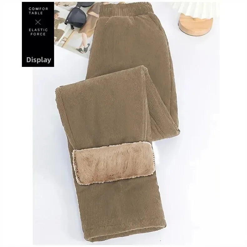 Calça Feminina Extra Grossa de Algodão Quente Forrada em Fleece, Cintura Alta, Calça de Inverno Grossa para Mulheres, Tamanhos Grandes, Calça Longa com Elástico na Cintura