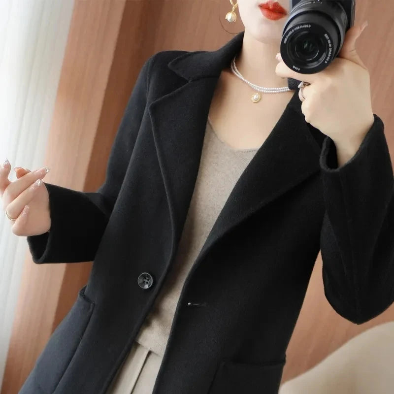 Jaqueta Feminina Casaco De Lã Cashmere Dupla Face 100% Pura Lã Outono Inverno Novo Casaco Corta-Vento De Lã Slim De Um Botão De Comprimento Médio