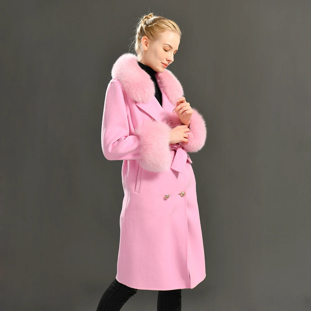 Jxwatcher Cashmere Lã Casaco Primavera Real Fox Colarinho Casaco de Lã de Trincheira Mulheres Inverno Casaco Quente Venda Longo Estilo Casacos de Lã