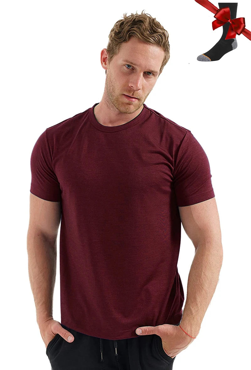Camiseta Masculina 100% Lã Merino Super Fina Camada Base de Lã Merino que Absorve a Umidade Respirável de Secagem Rápida Antiodor + Meias de Lã Merino