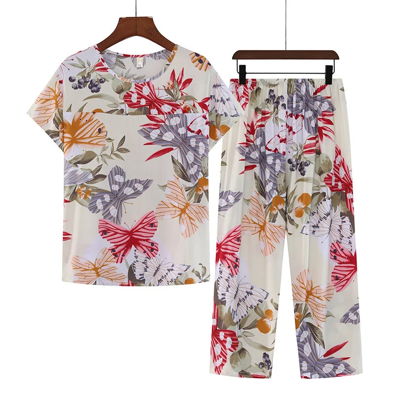 Roupa de Dormir Feminina Pode Ser Respirável e Antibacteriana Pijama de Algodão Fino Feminino Conjunto de Manga Curta Tamanho Grande